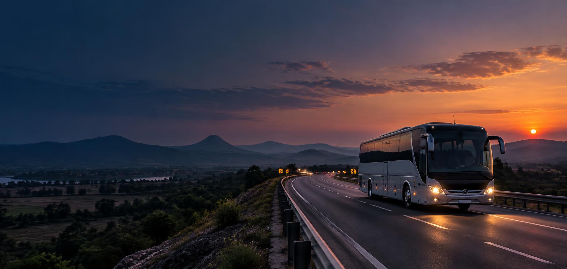 Intercity coach travelling on an Indian highway at dusk