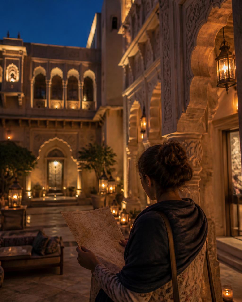 Lantern-lit heritage hotel courtyard at dusk